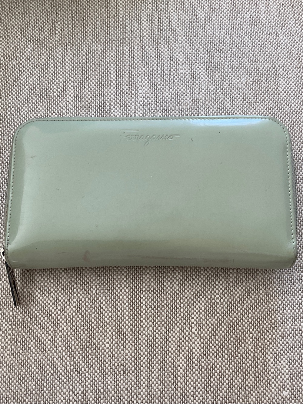 Salvatore Ferragamo Light Mint Patent Zip Wallet